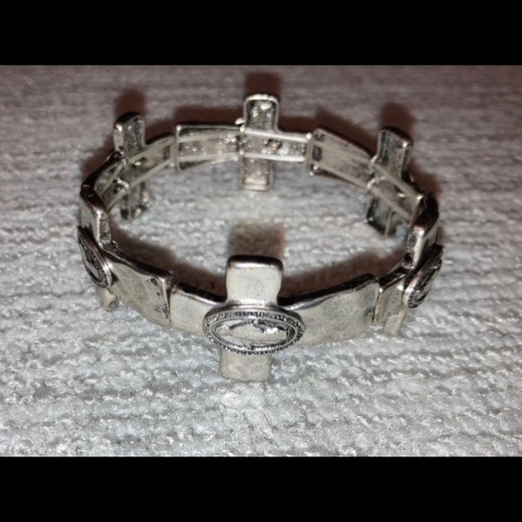 Da Vinci Cross Religious Tile Stretch Silvertone Metal Bracelet 7” Christian - Picture 4 of 6